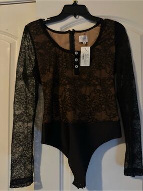 Cami NYC Black Lace-Overlay Nude Lined Long Sleeve Bodysuit